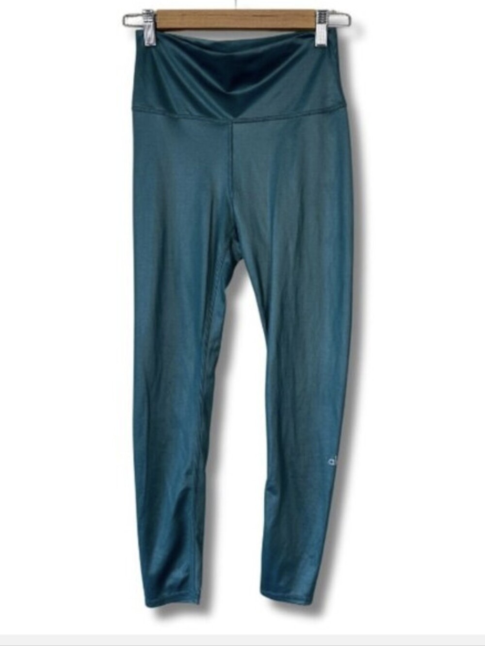 ALO Kids Yoga Satin-Look Leggings in Teal Green Size Large.